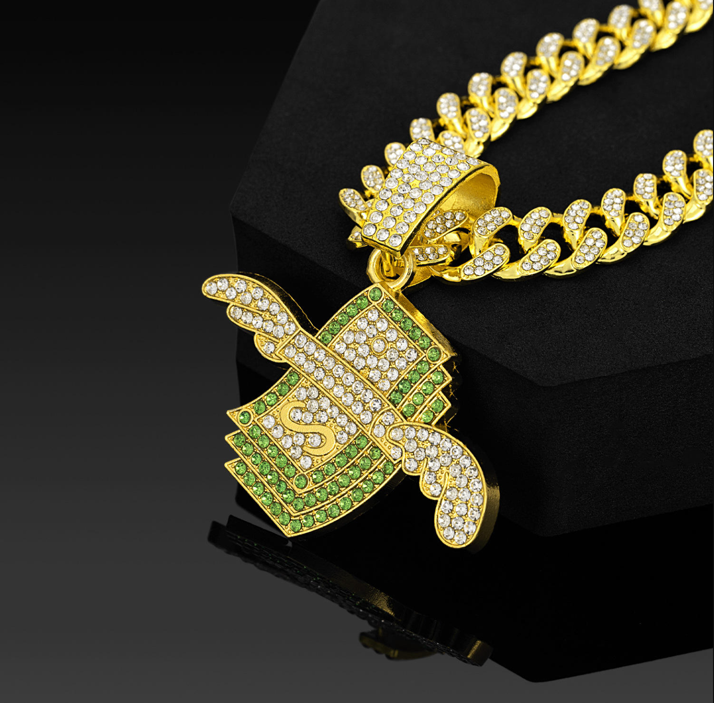 Iced Out Dollar Sign Wing Pendant Necklace