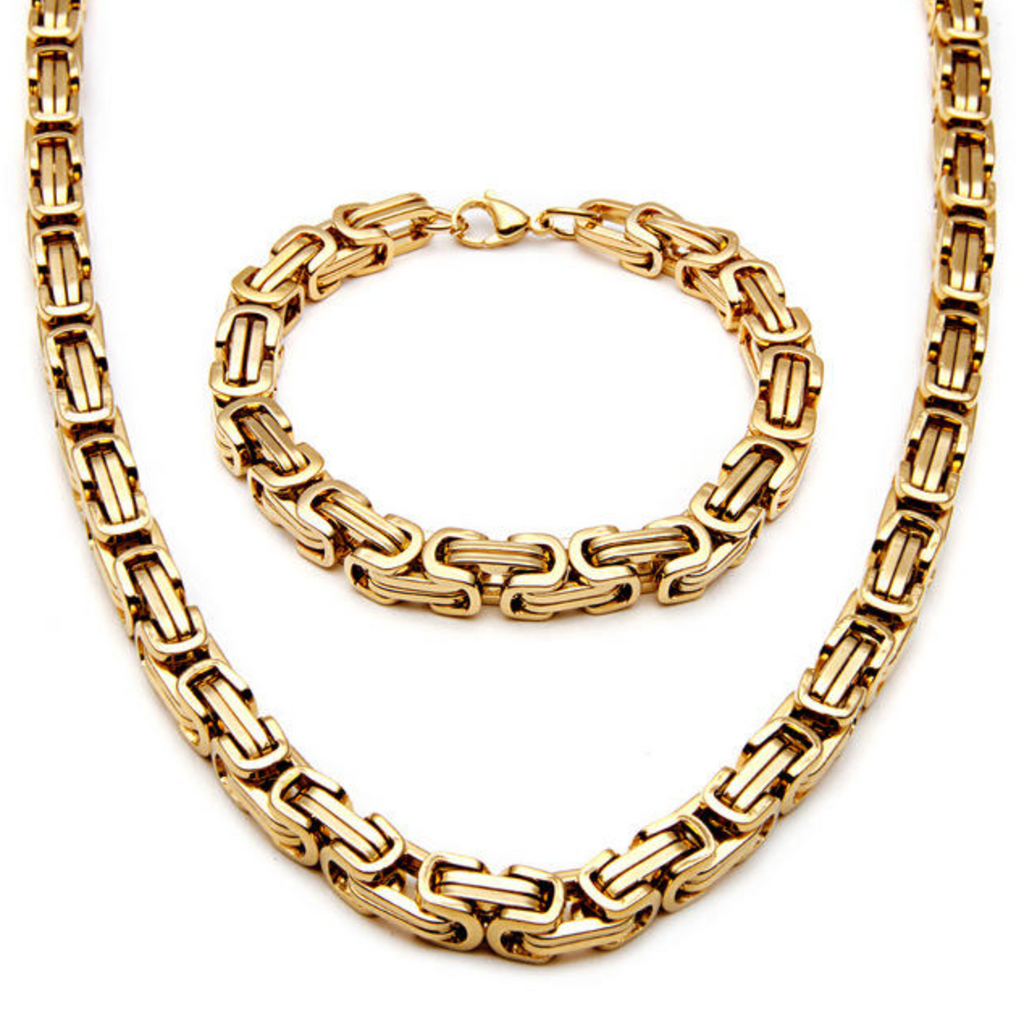 18K Gold Plated 8mm Byzantine Flat Link Chain Necklace – Luxury Men's Statement Jewelry