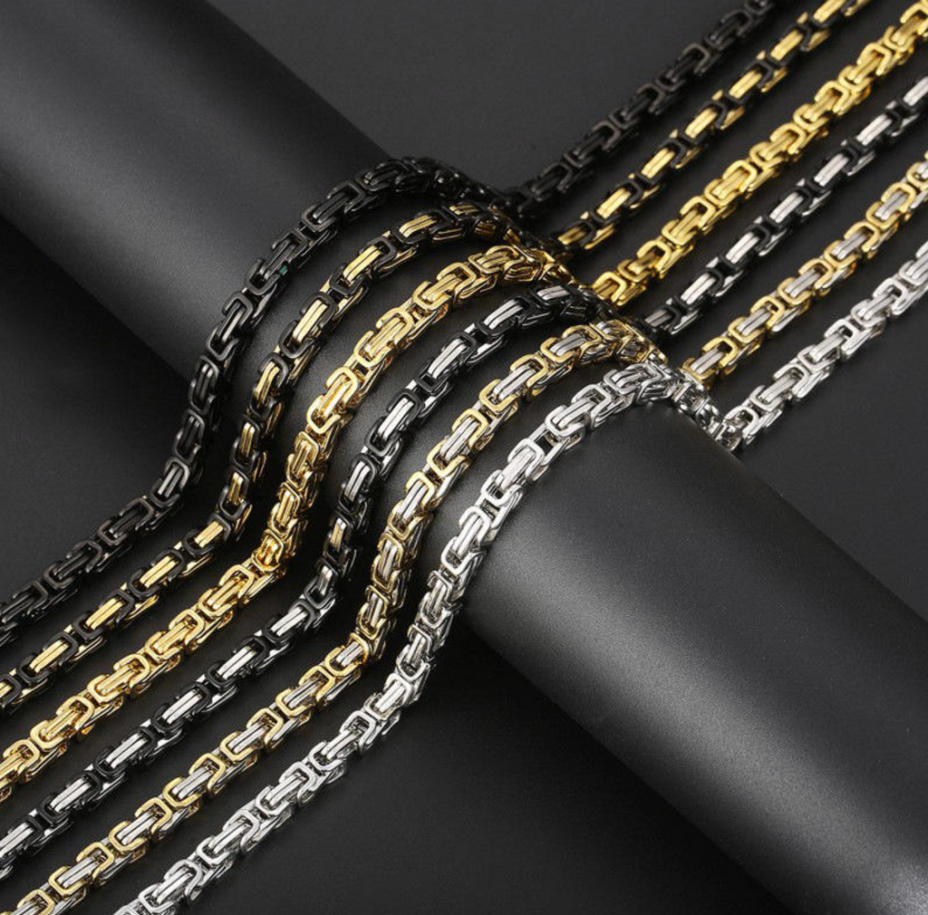 18K Gold Plated 8mm Byzantine Flat Link Chain Necklace – Luxury Men's Statement Jewelry