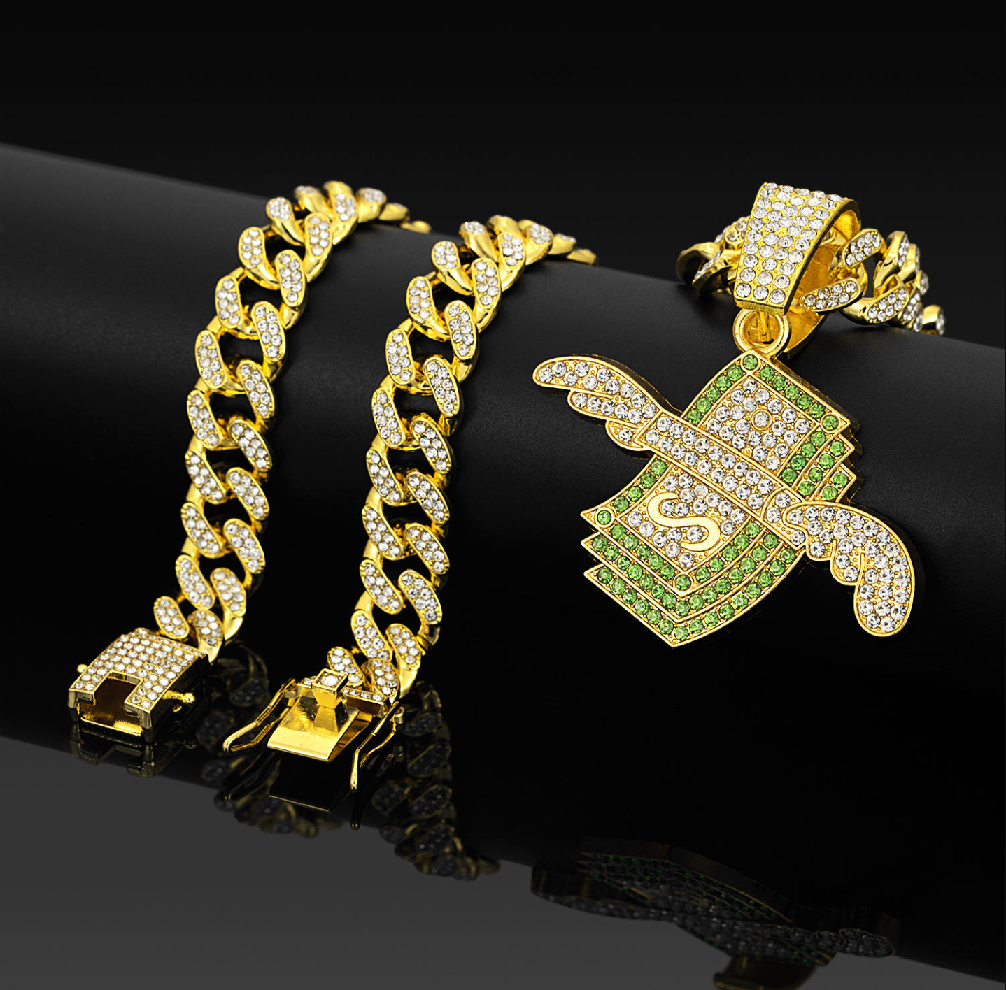 Iced Out Dollar Sign Wing Pendant Necklace