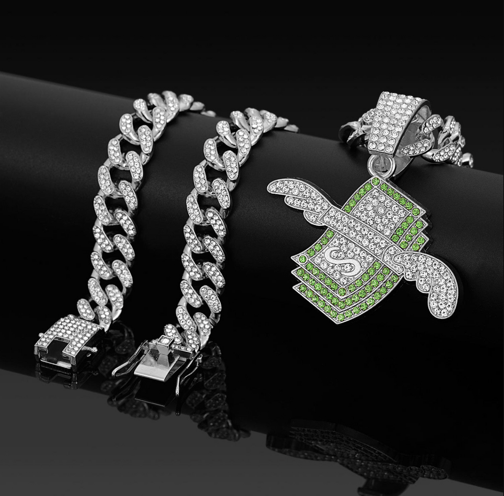 Iced Out Dollar Sign Wing Pendant Necklace