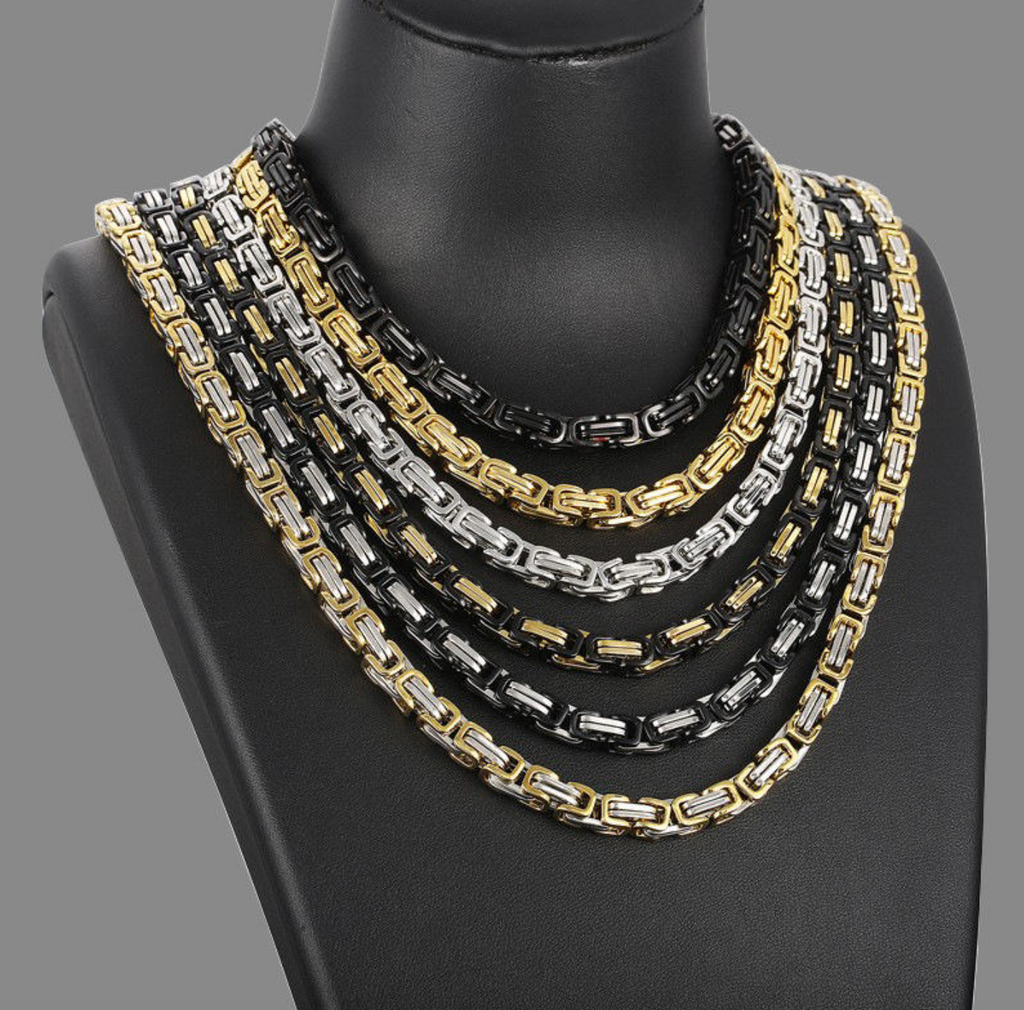 18K Gold Plated 8mm Byzantine Flat Link Chain Necklace – Luxury Men's Statement Jewelry