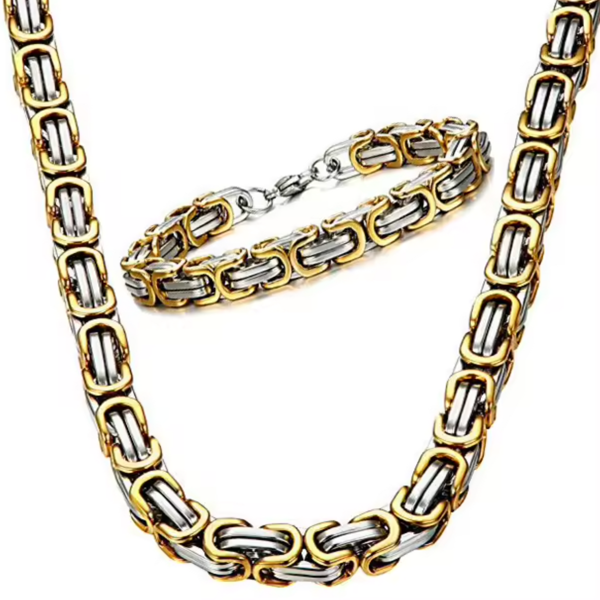 18K Gold Plated 8mm Byzantine Flat Link Chain Necklace – Luxury Men's Statement Jewelry